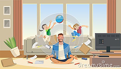 Father in a state of stress with playing children Vector Illustration