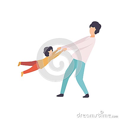 Father Swinging Son Holding His Hands, Happy Family Outdoor Activities Vector Illustration Vector Illustration