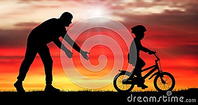 Father teaches baby to ride bicycle. Silhouette vector illustration Vector Illustration