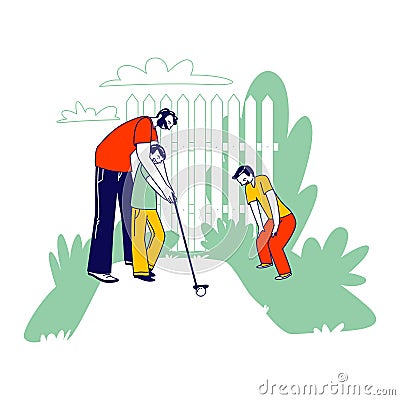 Father Teaching Children Playing Golf. Happy Family Characters Dad with Sons Play at House Yard. Weekend Recreation Vector Illustration