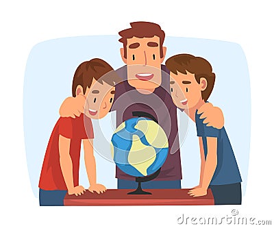 Father Teaching his Sons, Parent Helping Sons and Explaining Geography Lesson with Globe Cartoon Vector Illustration on Vector Illustration