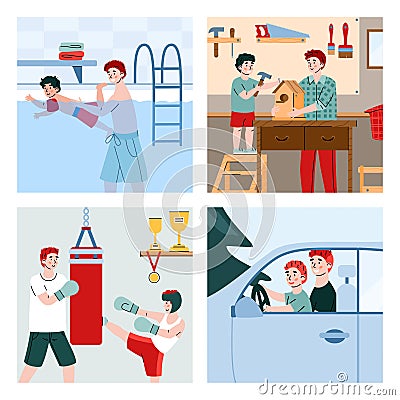 Father teaching son to swim in pool, carpenter, boxing and drive a car Vector Illustration