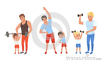 Father and their Sons Doing Sports Together, Cheerful Men and Boys Exercising with Dumbbells and Barbell Cartoon Vector Vector Illustration