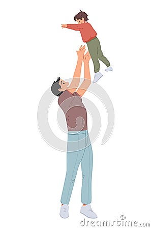 Father throwing his son. Man throws little boy up and catching him. Parent playing with kid Vector Illustration