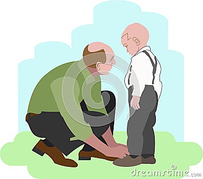 Father tying shoelaces to his son Vector Illustration