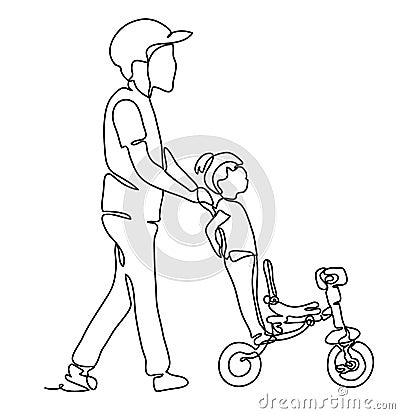 Father walking with daughter in Park, father helping daughter to ride a bike. Continuous line drawing.Vector monochrome Vector Illustration