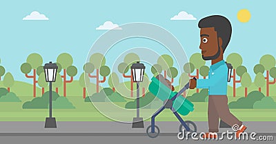 Father walking with his baby in stroller. Vector Illustration