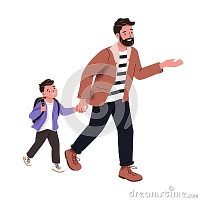 Father walking his son to school. Happy dad and child going and talking together. Young daddy and boy kid. Parent and Vector Illustration