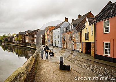 The historical Quayside Street along the River Wensum in the city of Norwich, Norfolk Editorial Stock Photo