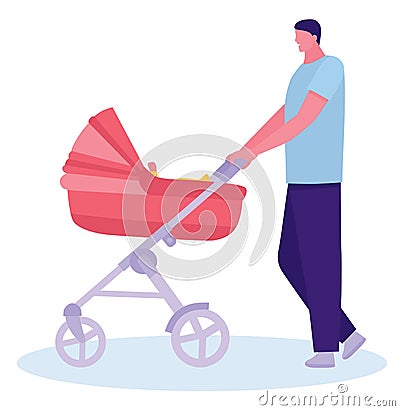 Father walking with a stroller and a baby in the city streets. Concept of young inexperienced father. Flat cartoon Vector Illustration
