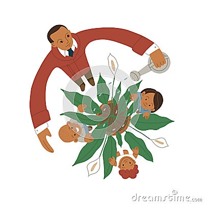 Father watering a spathiphyllum plant with three flowers top view, children are hiding among the leaves. Vector isolated Vector Illustration