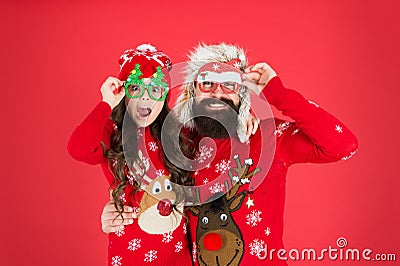Fatherhood concept. Family wear winter sweaters. Having fun. Christmas memories. Family values. Dad and daughter Stock Photo