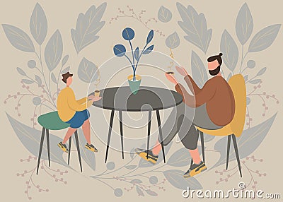 Fatherhood portrait lovely man with his son. Father having cup of tea in cafe with table with his child. Flat modern vector Vector Illustration