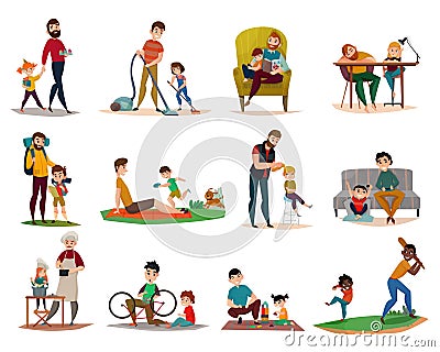 Fatherhood Raising Children Set Vector Illustration