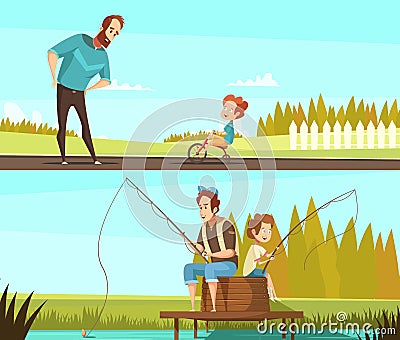 Fatherhood 2 Retro Cartoon Banners Vector Illustration