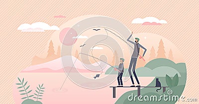 Fatherhood scene with father and son quality fishing time tiny person concept Vector Illustration