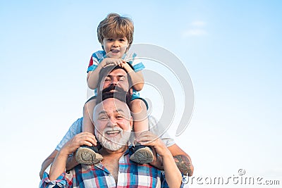 Fathers day. Father and son with grandfather - Men generation. Stock Photo