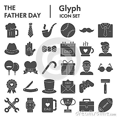 Fathers day glyph icon set, mens accessories and gifts symbols collection, vector sketches, logo illustrations, male Vector Illustration