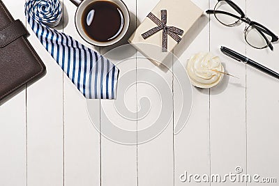 Fathers day. Greetings and presents on table. Stock Photo