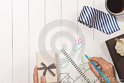 Fathers day. Greetings and presents on table. Stock Photo