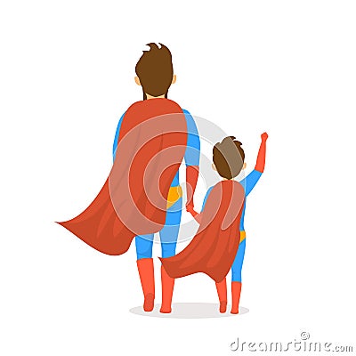 Fathers day isolated vector illustration cartoon backside view scene with dad and son dressed in superhero costumes walking togeth Vector Illustration