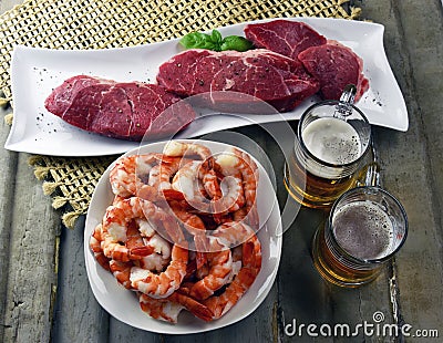 Fathers Day Steak and shrimp with craft beer Stock Photo