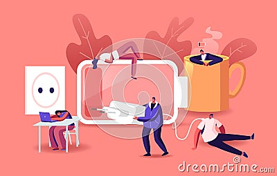 Fatigue, Low Energy and Working Burnout Concept. Tiny Male Female Exhausted Business People Characters Sleep and Relax Vector Illustration