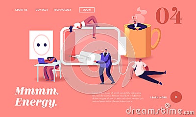 Fatigue, Low Energy and Working Burnout Landing Page Template. Tiny Exhausted Business People Characters Sleep and Relax Vector Illustration