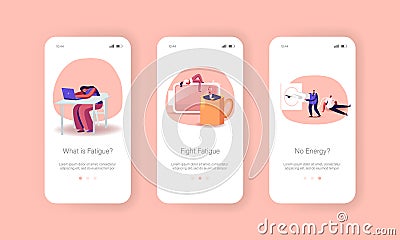 Fatigue, Low Energy and Working Burnout Mobile App Page Onboard Screen Template. Characters Sleep and Relax at Huge Cup Vector Illustration