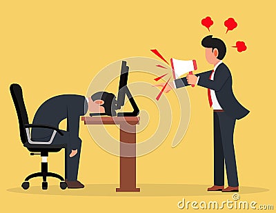 Fatigue and pressure from work. An annoyed manager yells at employees using a megaphone Vector Illustration