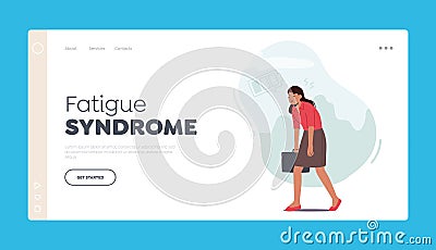 Fatigue Syndrome Landing Page Template. Sleepy Woman Walking at Work. Tired or Haggard Businesswoman with Low Battery Vector Illustration