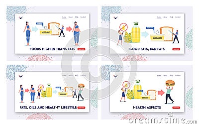 Fats, Oils, Unhealthy Eating Landing Page Template Set. Tiny Characters Eating Trans Margarine, Fastfood, Rapeseed Oil Vector Illustration