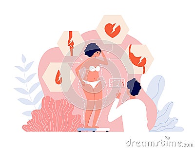 Fats problems. Medicine care, obesity and lazy lifestyle. Doctor and overweight girl. Diabetes, heart disease due high Vector Illustration