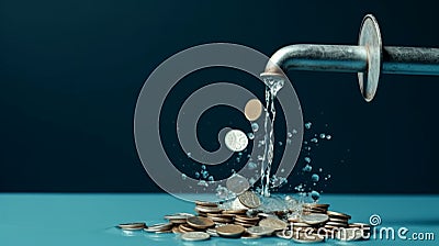 Faucet and coins, money falling from faucet, blue background Stock Photo