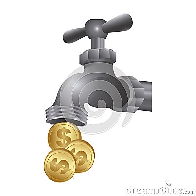 faucet with coins save water Cartoon Illustration