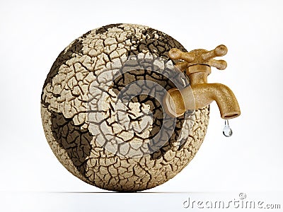 Faucet on deserted earth with cracked soil. 3D illustration Cartoon Illustration