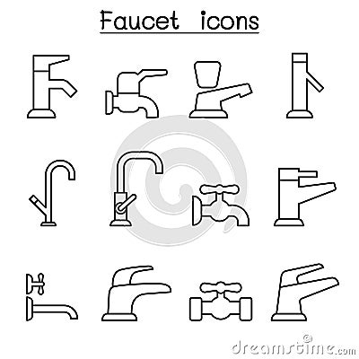 Faucet icon set in thin line style Vector Illustration