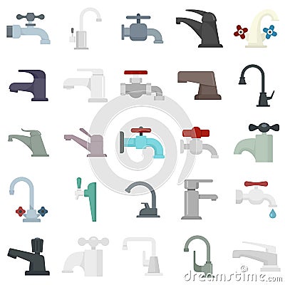 Faucet icons set, flat style Vector Illustration