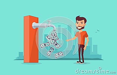 Faucet Passive Income Money Flowing to Man Vector Illustration