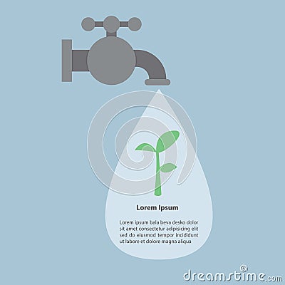 Faucet and water drops with small plant, Infographics Vector Illustration