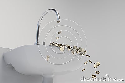 a faucet from which gold dollar coins fall into the washbasin. 3d render Stock Photo