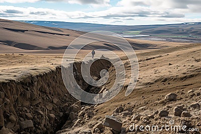 fault line in landscape with person for scale Stock Photo