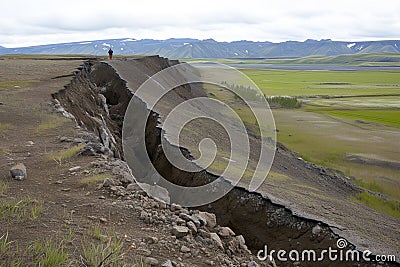 fault line in landscape with person for scale Stock Photo