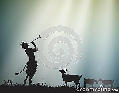 Faun shepherd herds the goats in the morning sun rays, satyr, Vector Illustration