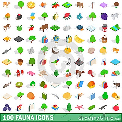 100 fauna icons set, isometric 3d style Vector Illustration