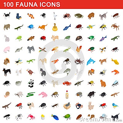 100 fauna icons set, isometric 3d style Vector Illustration