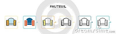Fauteuil vector icon in 6 different modern styles. Black, two colored fauteuil icons designed in filled, outline, line and stroke Vector Illustration