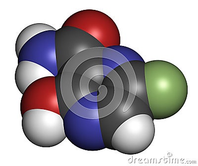 Faviparivir antiviral drug molecule. Used in treatment of Ebola virus. Atoms are represented as spheres with conventional color Stock Photo