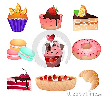 Favorite delicacy of any girl and child on the day of birth. Realistic vector illustrations. Vector Illustration