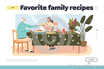 Favorite family recipe concept of landing page with daughter and elder father having dinner together Vector Illustration